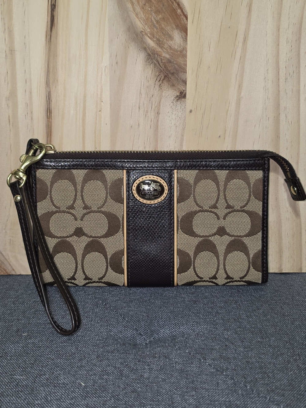 Coach Signature Canvas Wristlet in Brown/Tan
